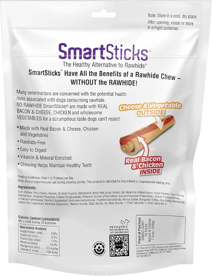 SmartBones SmartSticks, Treat Your Dog to a Rawhide-Free Chew Made With Real Bacon and Cheese, 10 count (24 pack)