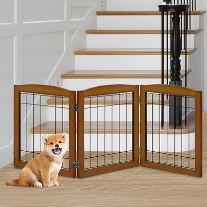 LZRS 3-Panel Freestanding Foldable Wooden Dog Gate –Solid Wood & Steel Wire Chew-Resistant Indoor Safety Pet Fence for Doorways & Stairs, Ideal for Small to Medium Dogs & Puppies, Cherry
