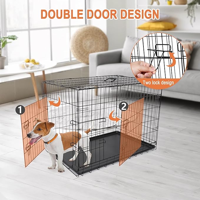 Dog Crates for Large Medium Dogs Foldable Metal Wire Pet Dog Kennel 30/36/42 Inches Indoor Outdoor Travel Dog Gage with Double Door, Leak Proof Pan