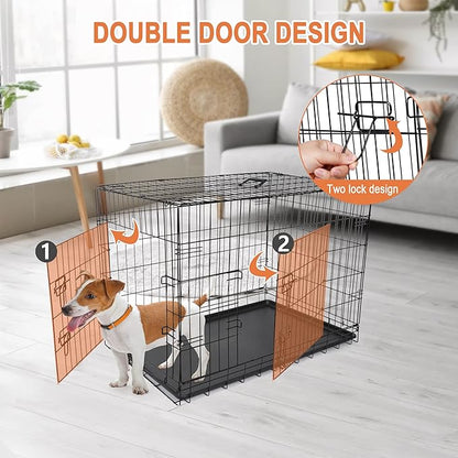 Dog Crates for Large Medium Dogs Foldable Metal Wire Pet Dog Kennel 30/36/42 Inches Indoor Outdoor Travel Dog Gage with Double Door, Leak Proof Pan