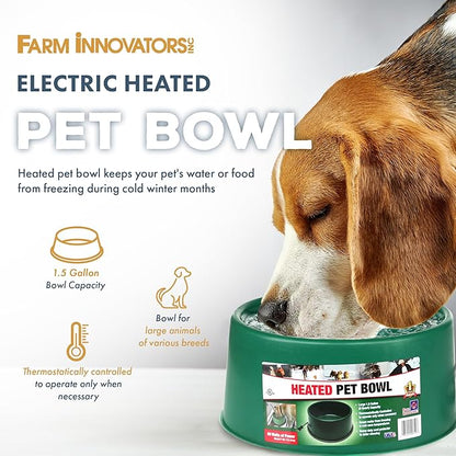 Farm Innovators Heated Pet Water Bowl, 60W Heated Water Dish - 1.5 Gallon Plastic Watering Station with Anti-Chew Cord Protector for Dogs & Cats