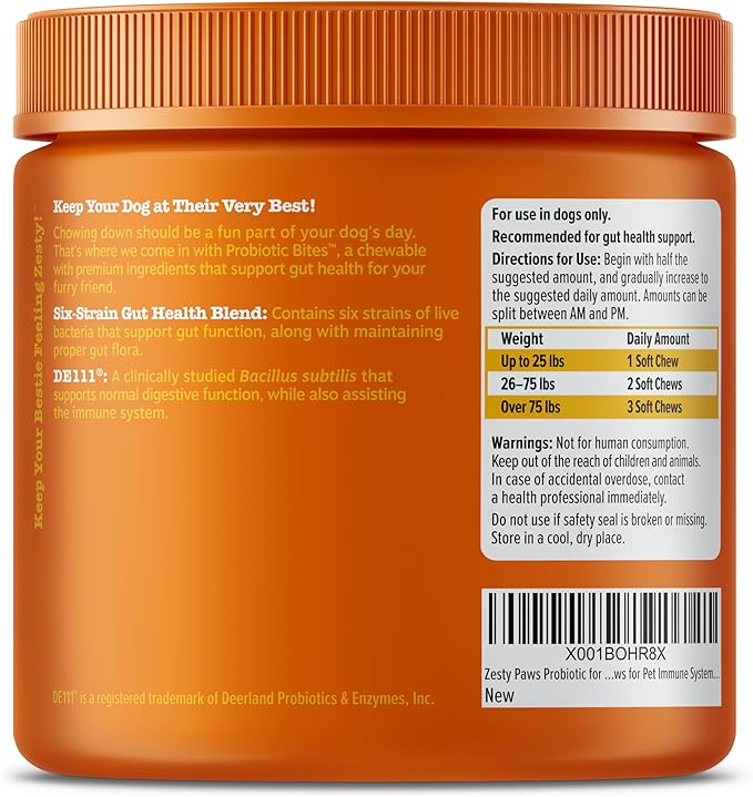 Zesty Paws Probiotics for Dogs - Digestive Enzymes for Gut Flora, Digestive Health, Diarrhea & Bowel Support - Clinically Studied DE111 - Dog Supplement Soft Chew for Pet Immune System - Pumpkin, 90ct
