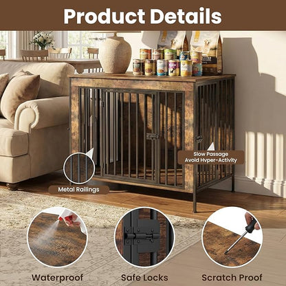 Dog Crate Furniture Heavy Duty for Large Dog, Sturdy Indoor Kennel Table with Dual Doors, Elevated Robot Vacuum Friendly Base, Decorative Cage TV Stand & End Table, Rustic Brown