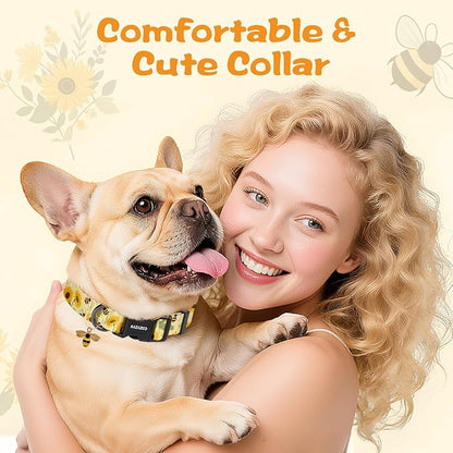 Kazazoo Dog Collar Cute and Soft Nylon Puppy Collar for Boy and Girl, Adjustable Dog Collars for Medium Large Dogs, Bees and Sunflowers-L