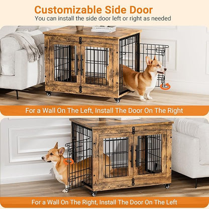 Lulive Dog Crate Furniture, Dog Kennel Indoor Double Doors Wooden Dog Cage, 32'' Heavy Duty Dog Crate with Cushion & Wheels, Decorative End Table Pet House Chew-Resistant for Medium/Small, Brown