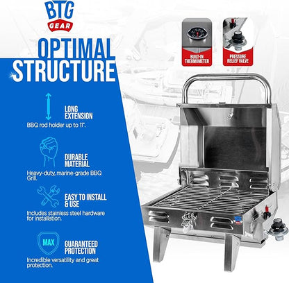 Tailwaves Marine Boat Grill w/Rod Holder Mount | Stainless Steel | Propane Boats & Tailgating & Camping | Built in Thermometer | Portable | Fold-away legs