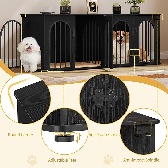 Hzuaneri 63" Dog Crate Furniture for 2 Dogs, Heavy Duty Indoor Dog Kennel TV Stand, L Wooden Dog Cage with Divider for Medium Large Dogs, End Table Dog Crate with Cushion, Black DFC80904B