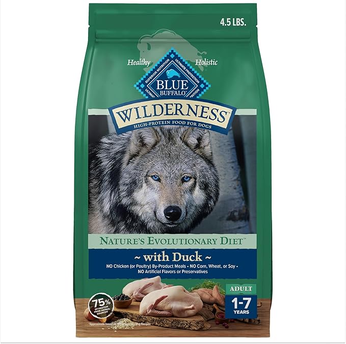 Blue Buffalo Wilderness Natural High-Protein Dry Food for Adult Dogs, with Wholesome Grains, Duck, 4.5-lb Bag