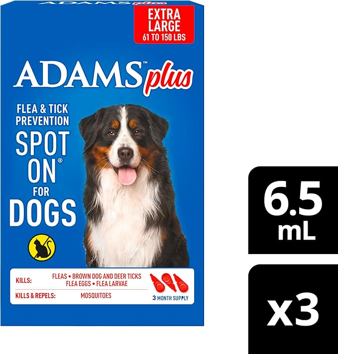 ADAMS Plus Flea & Tick Prevention Spot On for Dogs, Extra Large Dogs, Kills Fleas & Ticks (Brown Dog/Deer Ticks), Kills and Repels Mosquitoes, Prevents Flea Infestations, 3-Month Supply, 3 Pack