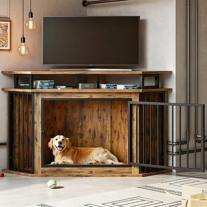 IRONCK Corner Wooden Dog Crate Furniture with 2-Tier Shelves, Pet Kennel for Large Dogs, Space-Saving Dog Cage for TV Stand, Rustic Brown (26.7" L x 51.2" W x 33.5" H)