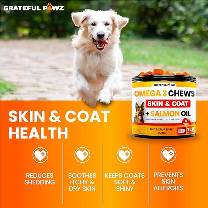 Omega 3 for Dogs - Fish Oil for Dogs Chews - Allergy and Itch Relief - Anti Shedding Supplement - Joint Health - Dry Itchy Skin and Coat Supplement - Salmon Oil - EPA & DHA - Made in USA