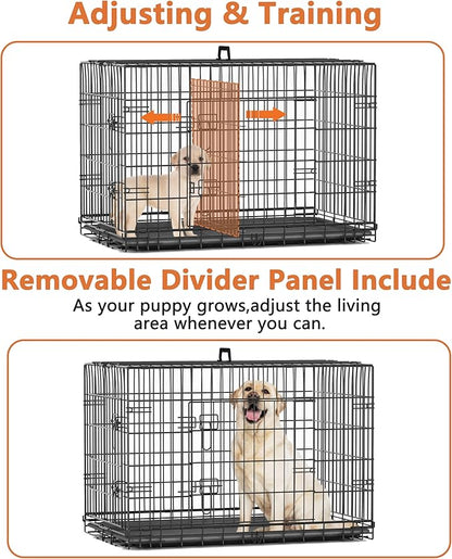 Piskyet 24 Inch Double Door Small Dog Crate with Divider Panel and Leak- Proof Pan Tray, Folding Metal Wire Pet Kennel for Indoor,Antigue Color