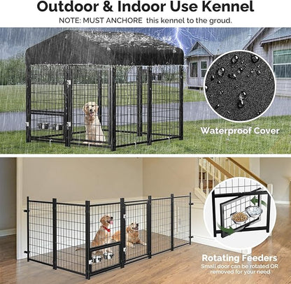 Sino Luban 2PCS Outdoor Dog Kennel Outside Run with Doggy Door, Swivel Feeder&Roof - 5x5x5FT Large Dog Kennels Pens Outside for Medium/Large Dogs - Heavy Duty Cage (Can Connect to Your Dog House)