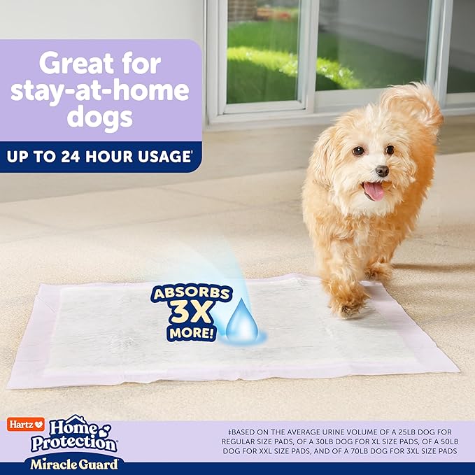 Hartz Miracle Guard Dog and Puppy Dog Pads Max Absorbency 24 Hour Use Odor Eliminating Lavender Scented No Leaks, X-Large Size 30 Count