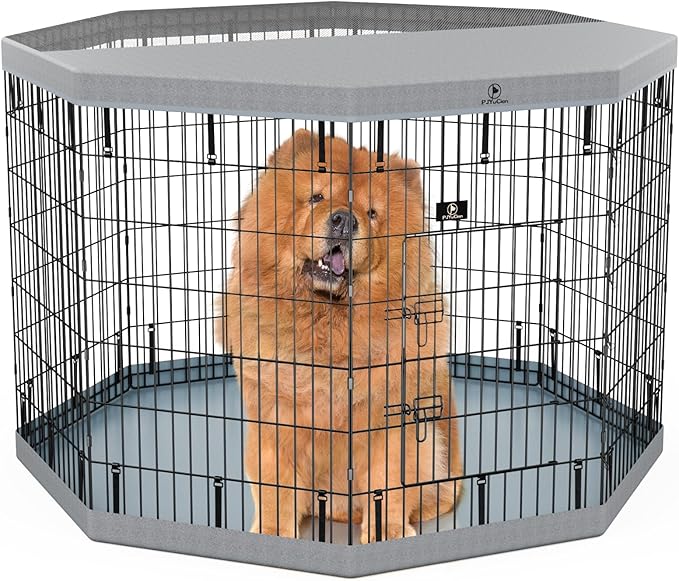 PJYuCien Dog Playpen with Top Cover and Bottom Pad - Metal Foldable Exercise Pen, 8 Panels 42" H x 24" W Indoor Outdoor Pet Fence Puppy Crate Kennel, Gray