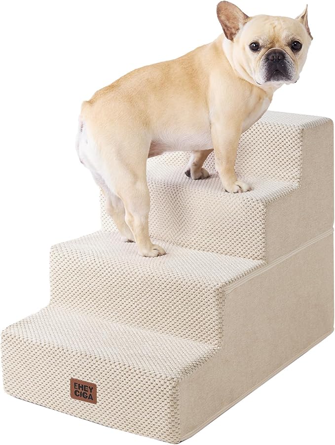 EHEYCIGA Dog Stairs for Bed 18" H, 4-Step Dog Steps for High Bed, Pet Steps for Small Dogs and Cats, Non-Slip Balanced Pet Ramp Indoor, Beige