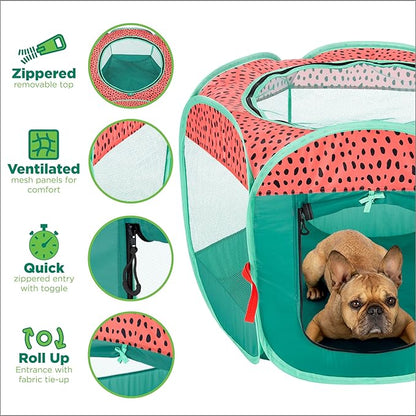 Furhaven Portable Dog Playpen Cat Tent, Pet Playground,Kennel Foldable Indoor Outdoor Zippered Puppy Crate - Green & Pink, Medium