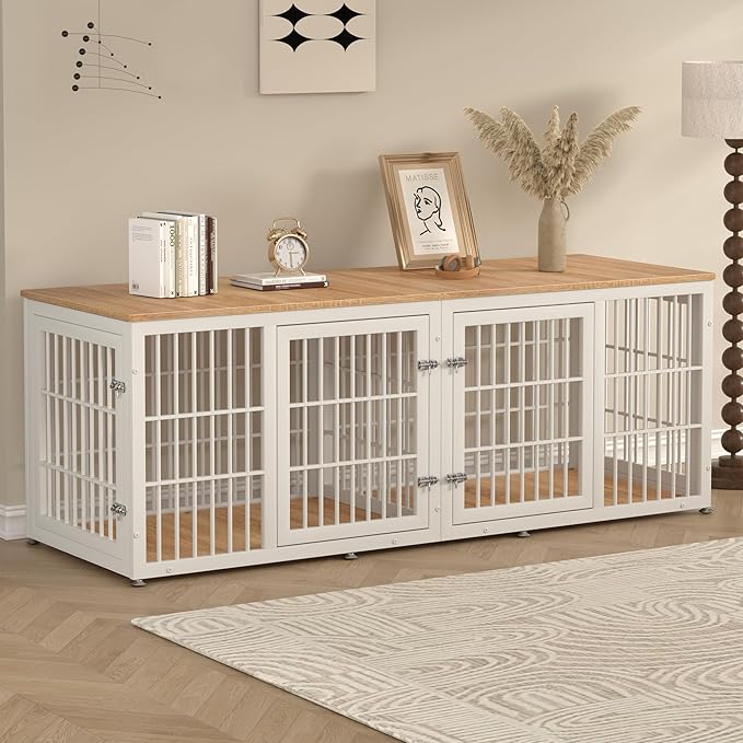 rehomerance 78 Inch Double Dog Crate Furniture, Heavy Duty Extra Large Cage Furniture with Divider for 2 Dogs, Decorative Wooden Kennel Indoor, Pet House for Large and Medium Dogs, White