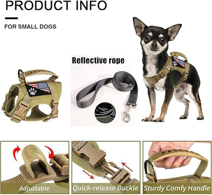 Tactical Dog Harness with Leash Tactical Puppy Vest with Rubber Handle K9 Military Adjustable Pet Harness for Outdoor Training XS Dog Harness (Brown Harness with Leash)