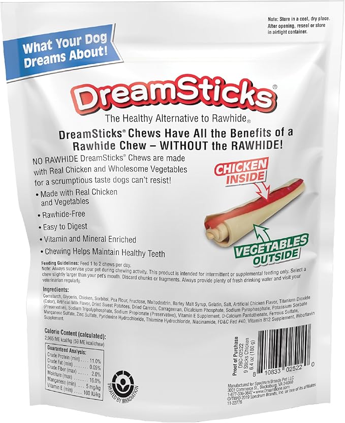 DreamBone DreamSticks, Rawhide Free Dog Chew Sticks Made with Real Chicken and Vegetables, 9 Sticks (Pack of 3)