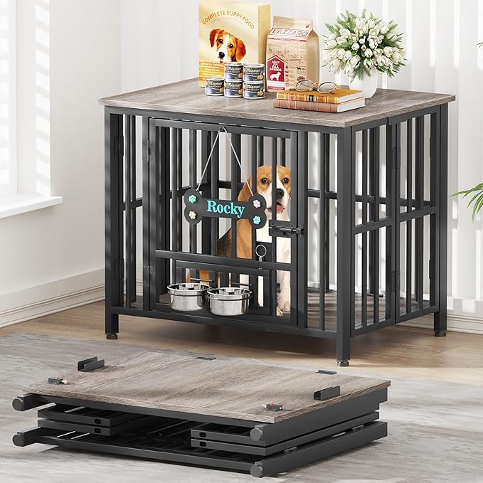 Easycom 31" Dog Crate Furniture Foldable, No Assembly Decorative Dog Kennel Indoor, Dog Crates for Medium Dogs(20-35 lb), Wooden Dog Cage with Adjustable Bowls and Name Tag, End Table, Oak Grey