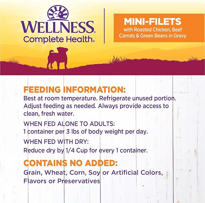 Wellness Petite Entrees Mini Filets Small Breed Adult Wet Dog Food, Grain Free, Natural, Roasted Chicken, Beef, Carrots, and Green Beans, 3 oz, Pack of 12 Cups