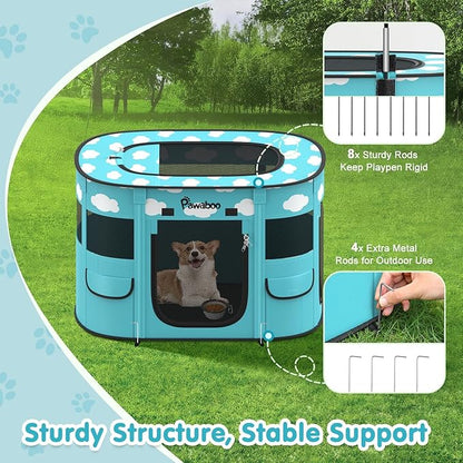 Dog Playpen, Portable Pet Cat PlayPen, 600D Oxford Dog Kennel Tent Crate, Waterproof&Breathable, Indoor Outdoor Travel Camping for Medium/Large Breed with Carrying Case+Bowl(M), Blue + White Clouds