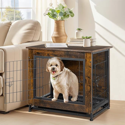Shintenchi Dog Crate Furniture, Double-Doors Kennel Indoor with Removable Tray, End Table Dog House for Small Medium Breed, 32.5" L, Brown