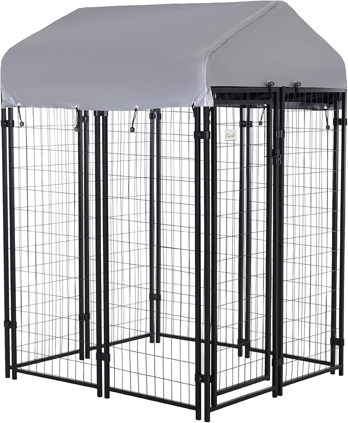 PawHut Outdoor Dog Kennel with Roof, 4' x 4' x 6' Heavy Duty Welded Wire Dog Playpen Enclosure with Escape-Proof Lock, UV-Resistant & Waterproof Cover, for Medium Dogs, Chickens, Ducks, Silver