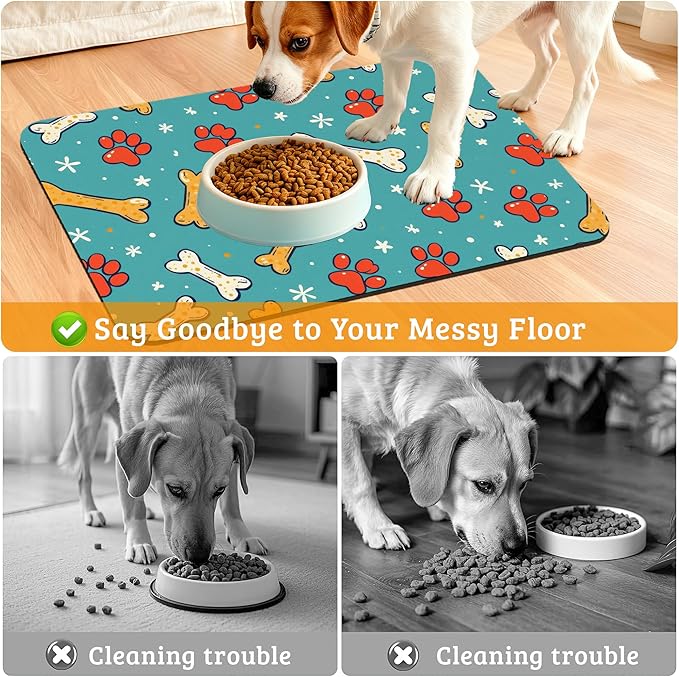 Dog Paws Cat Food Mat,Bones Absorbent Pet Feeding Mat for Food and Water Bowl,Quick Dry Dog Placemat Non Slip Rubber Backing Waterproof Pet Supplies 16" x 24"