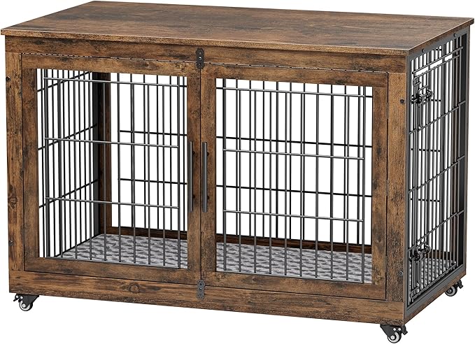 YaFiti Dog Crate Furniture with Cushion Set of 2, Wooden Dog Kennel Indoor with Double Doors, Dog Cage with Wheels, Dog House Side End Table for Large Dogs up to 85 lb, 44" L, Rustic Brown
