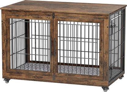 YaFiti Dog Crate Furniture with Cushion, Wooden Dog Kennel Indoor with Double Doors, Dog Cage with Wheels, Dog House Side End Table for Large Dogs up to 85 lb, 44" L, Rustic Brown