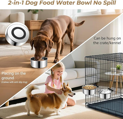 2 Pack Kennel Bowls Mountable,Dog Crate Water Bowl No Spill,Hanging Dog Bowl for Crate Cage,Stainless Steel Dogs Water Feeder Dish for Dogs Cats Bunny Ferret Bird,Silver