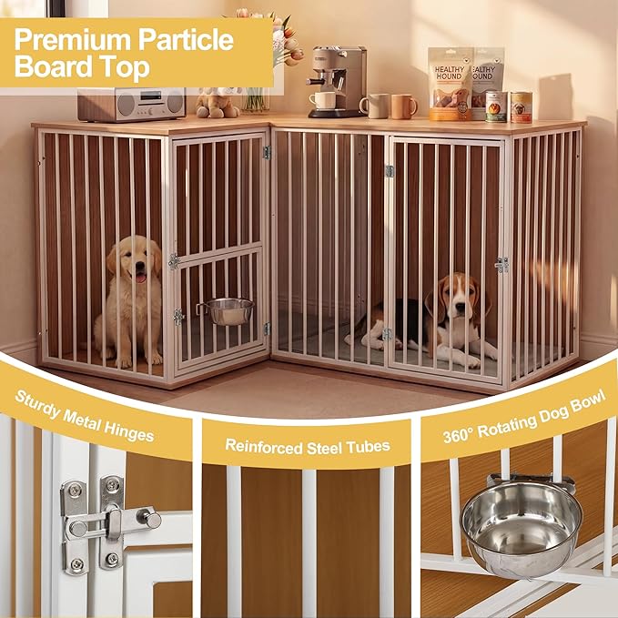 Dog Crate Furniture for 2 Dogs, Corner Heavy Duty Double Dog Kennel Furniture with Divider, Indoor Wooden Dogs Crate Large Breed (White)