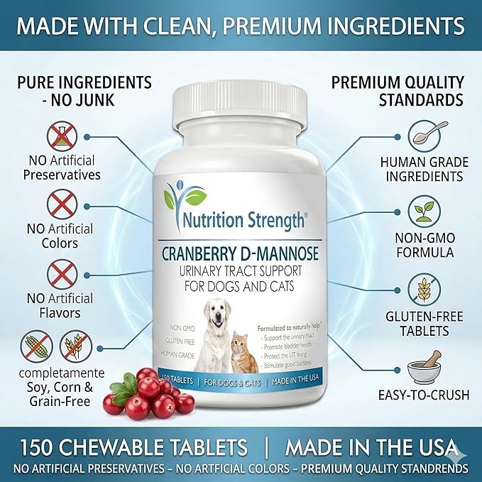 Cranberry D-Mannose for Dogs, Support for Bladder & UTI, Pet Urinary Tract + Immune Health Supplement, Cranberry for Dogs with D-Mannose & Vitamin C, 150 Chewable Tablets