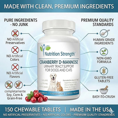 Cranberry D-Mannose for Dogs, Support for Bladder & UTI, Pet Urinary Tract + Immune Health Supplement, Cranberry for Dogs with D-Mannose & Vitamin C, 150 Chewable Tablets
