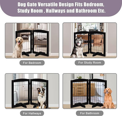 LZRS 2-Panel Freestanding Adjustable Wooden Dog Gate—30” Tall Foldable Pet Barrier with Support Feet, Solid Hardwood & Chew-Resistant Steel Wire for Doorways, Hallways, and Stairs, Black
