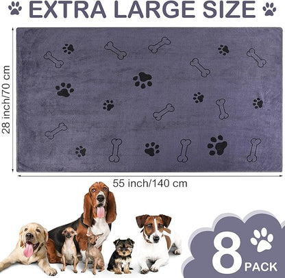 Chumia 8 Pcs Dog Towels for Drying Dogs Cats Pet Towels Bulk Puppy Microfiber Fast Drying Paw Bath Bathing Supplies Absorbent for Medium Pets(55 x 28 Inch,Dog Paw and Bone,Gray)