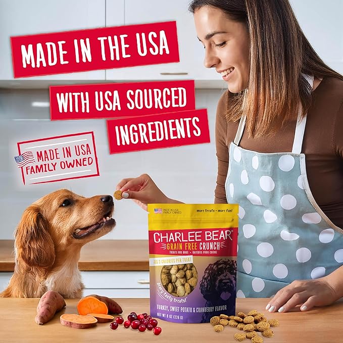 Charlee Bear Crunch Grain Free Dog Treats, Turkey, Sweet Potato and Apple, 8 Ounce Resealable Bag, Low Calorie Training Treats for Dogs, Limited Ingredient, Healthy, Crunchy Dog Snacks, Made in USA