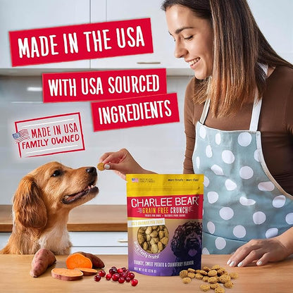 Charlee Bear Crunch Grain Free Dog Treats, Turkey, Sweet Potato and Apple, 8 Ounce Resealable Bag, Low Calorie Training Treats for Dogs, Limited Ingredient, Healthy, Crunchy Dog Snacks, Made in USA