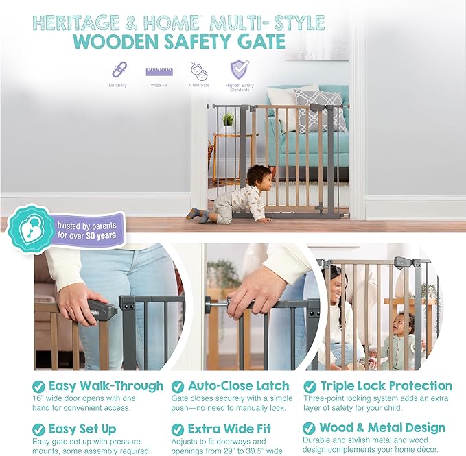 Regalo SAFETY 39" Extra Wide Wood Accent Baby Gate, Pressure Mount for Doorways & Bottom of Stairs, Babies, Toddlers & Pets, Ages 6–24 Months, TESTED & TRUSTED, AMERICAN DESIGNED, FAMILY OWNED