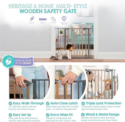 Regalo SAFETY 39" Extra Wide Wood Accent Baby Gate, Pressure Mount for Doorways & Bottom of Stairs, Babies, Toddlers & Pets, Ages 6–24 Months, TESTED & TRUSTED, AMERICAN DESIGNED, FAMILY OWNED