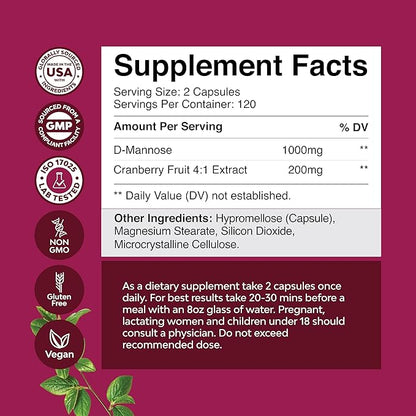 D Mannose with Cranberry Supplement - D Mannose 1000mg per Serving Capsules for Kidney Defense Support & Cleanse and Urinary Tract Health for Women & Men - Adults Bladder Health Supplement - 240 Count