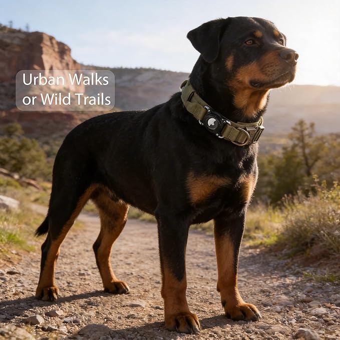 Upgraded AirTag Dog Collar, IP68 Waterproof Air Tag Dog Collar Holder, Ultra-Durable, Comfortable Padded, Heavy Duty Dog Collars for Medium Large Dogs with Smart ID tag(Khaki,XL)