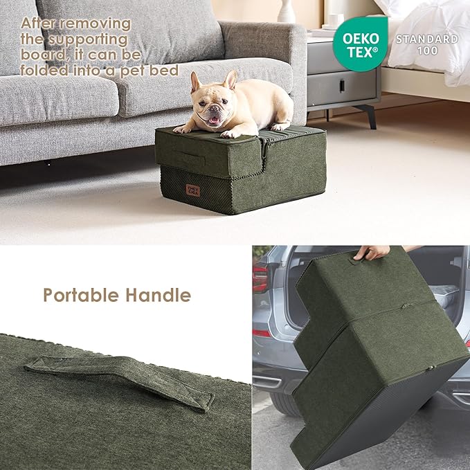 EHEYCIGA Dog Stairs for Small Dogs 13.5" H, 3-Step Dog Steps for Couch Sofa and Chair, Pet Steps for Medium Cats, Non-Slip Balanced Pet Ramp Indoor, Military Green