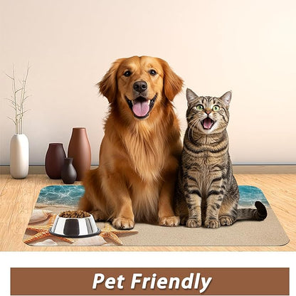 Beach Starfish Dog Food Mat for Floors,Cute Seashell Absorbent Pet Food and Water Bowl Mats,Non-Slip Pet Feeding Mat,Pet Supplies 12" x 20"