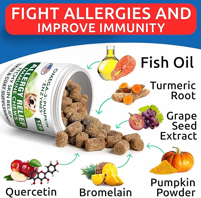 BARK&SPARK Dog Allergy Relief Soft Chews for Skin Health & Seasonal Allergies - Anti-Itch Supplement w/Omega-3, Quercetin & Bromelain Immune Treats for Dry Skin & Hot Spots - Chicken - 240ct