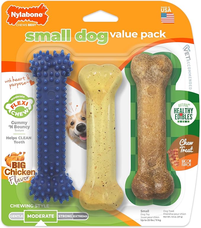 Nylabone Original Bone Flexi Chew Toy Value Pack for Dogs, Durable Dog Toys for Moderate Chewers, Dog Chew Bone, Long Lasting Chicken & Bacon Flavor, For Small Dogs - Up to 25 Ibs, 3 Pack