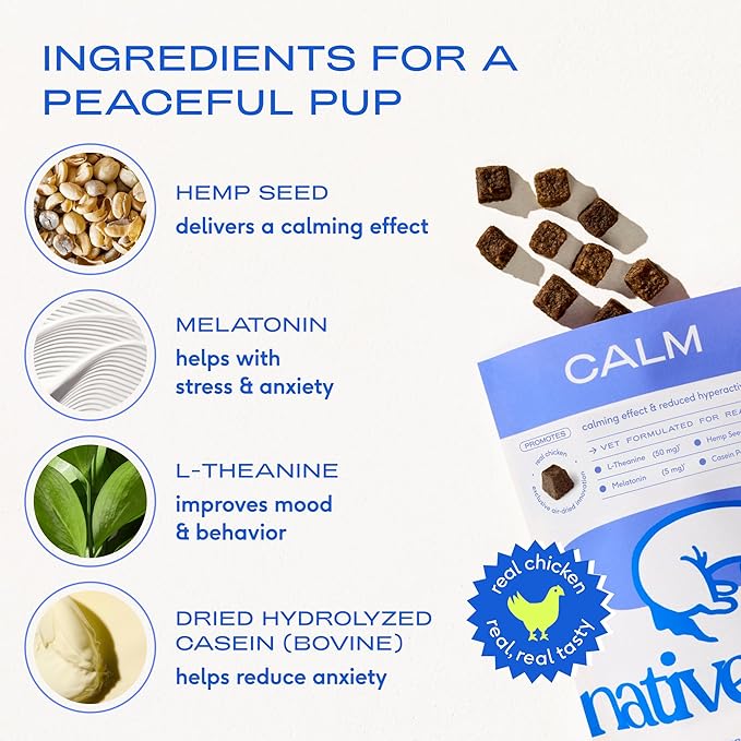 Native Pet Calming Chews for Dogs Large Breed - Promotes Calming Effect, Supports Emotional Balance & Reduces Hyperactivity - Hemp Seed, Melatonin for Dogs, L-Theanine & Casein - 30 Days Supply
