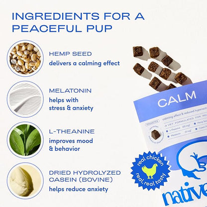 Native Pet Calming Chews for Dogs Small Breed - Promotes Calming Effect, Supports Emotional Balance & Reduces Hyperactivity - Hemp Seed, Melatonin for Dogs, L-Theanine & Casein - 30 Days Supply